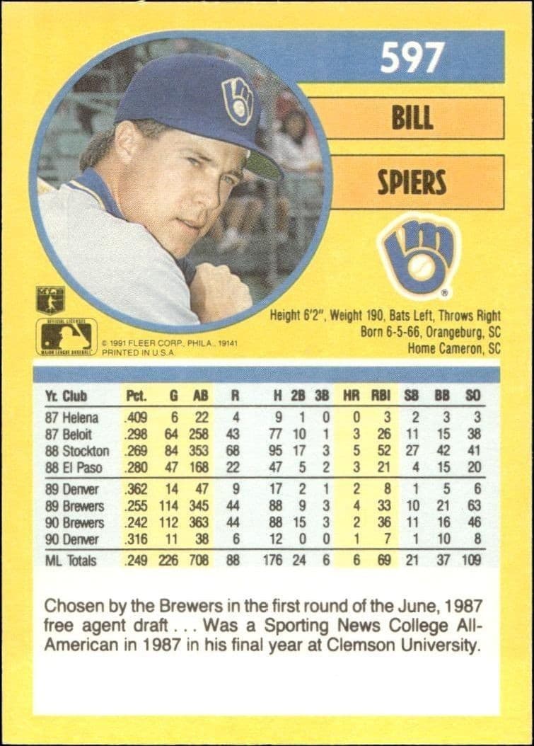 1991 Fleer Bill Spiers #597 baseball trading card back