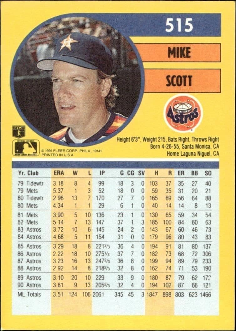 1991 Fleer Mike Scott #515 baseball trading card back