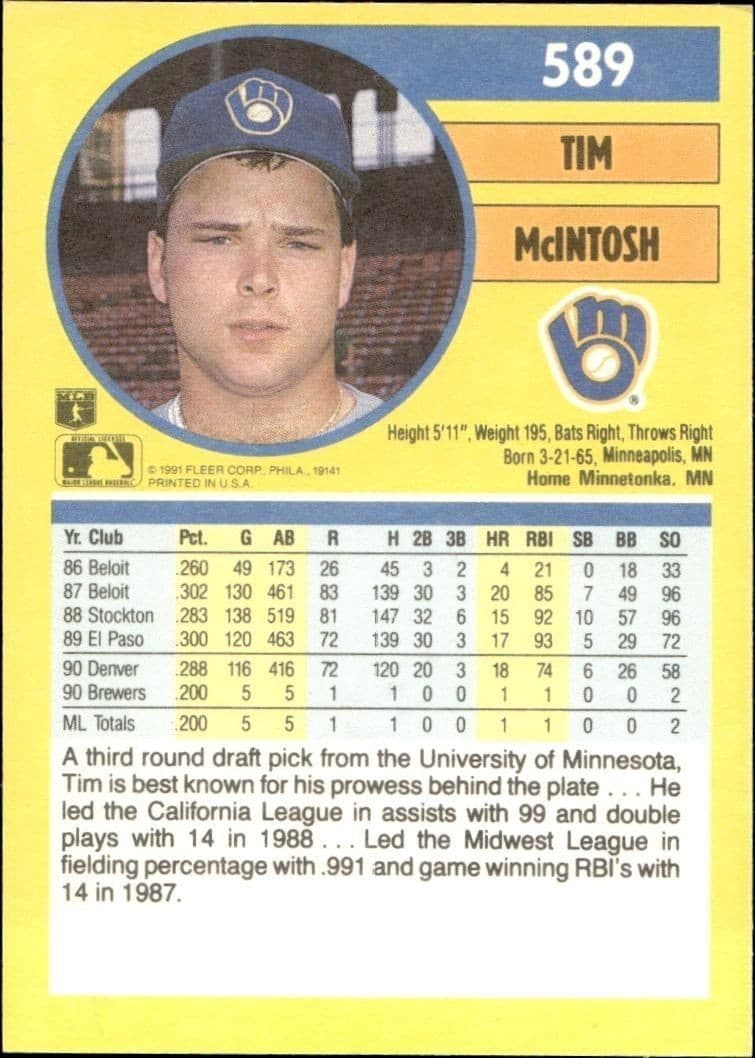 1991 Fleer Tim McIntosh #589 baseball trading card back