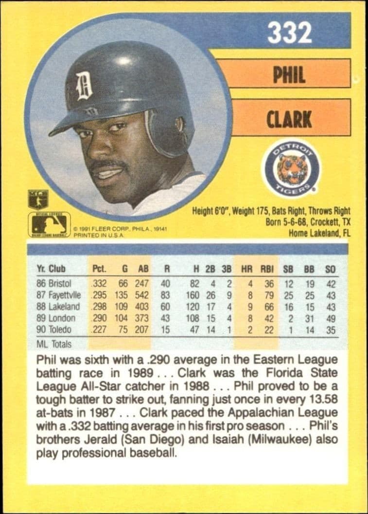1991 Fleer Phil Clark #332 baseball trading card back