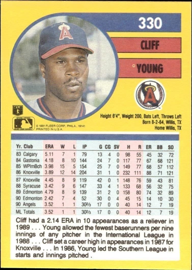 1991 Fleer Cliff Young #330 baseball trading card back