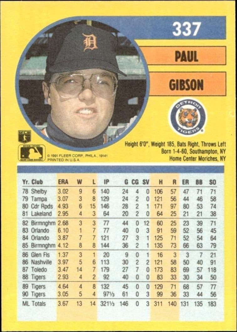 1991 Fleer Paul Gibson #337 baseball trading card back