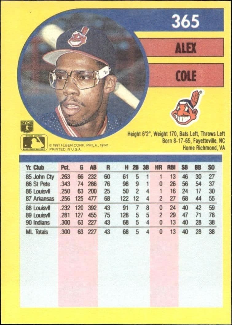 1991 Fleer Alex Cole #365 baseball trading card back
