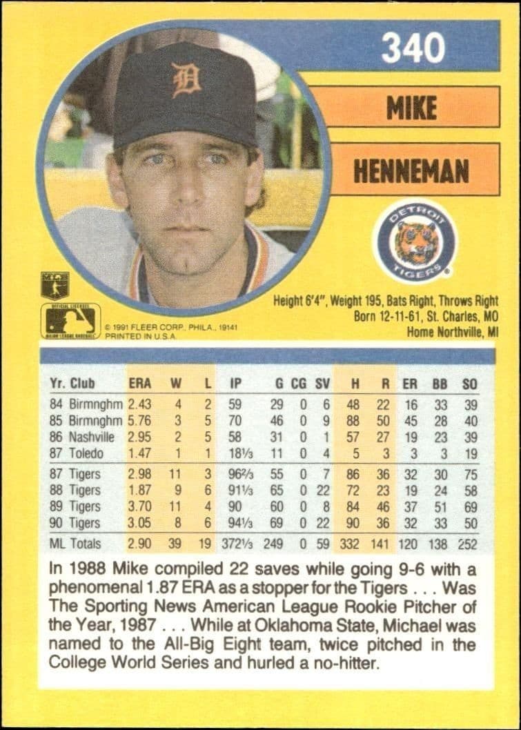 1991 Fleer Mike Henneman #340 baseball trading card back