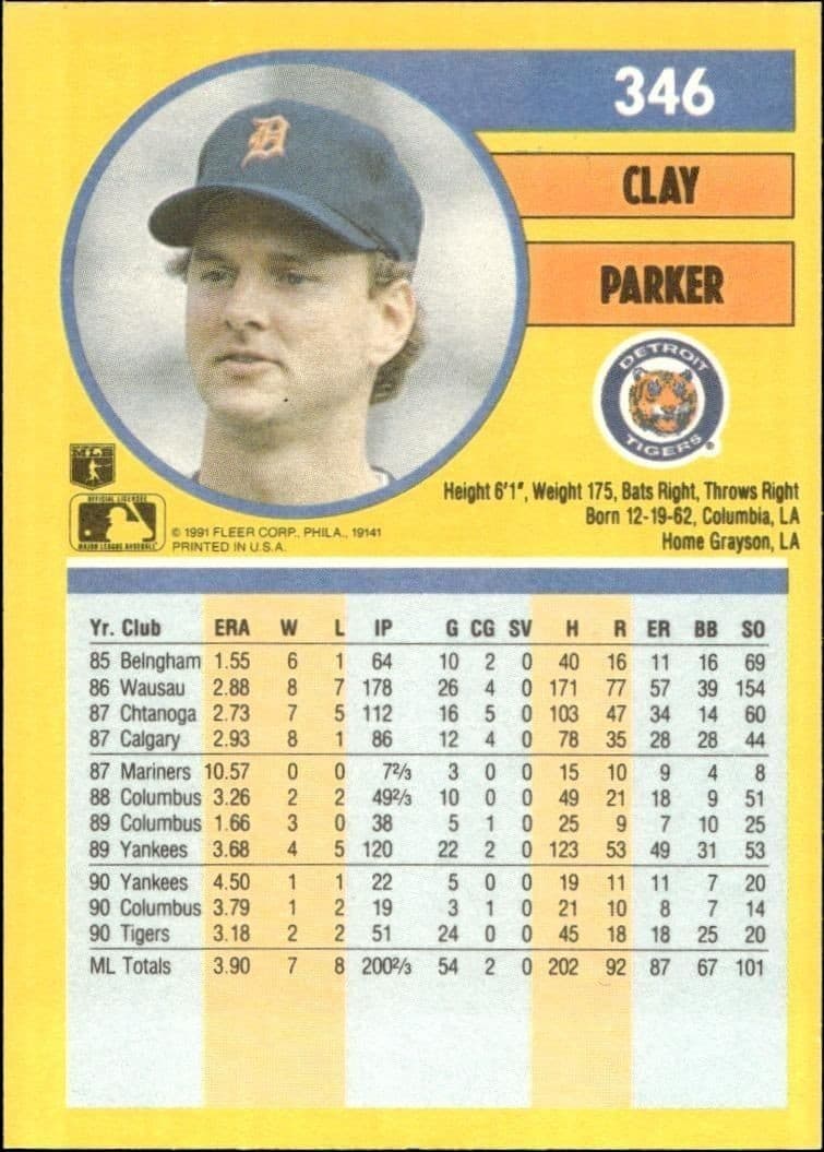 1991 Fleer Clay Parker #346 baseball trading card back
