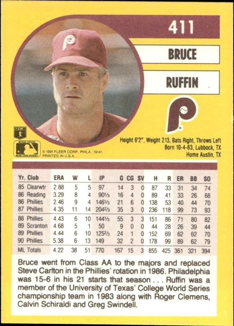 1991 Fleer Bruce Ruffin #411 baseball trading card back