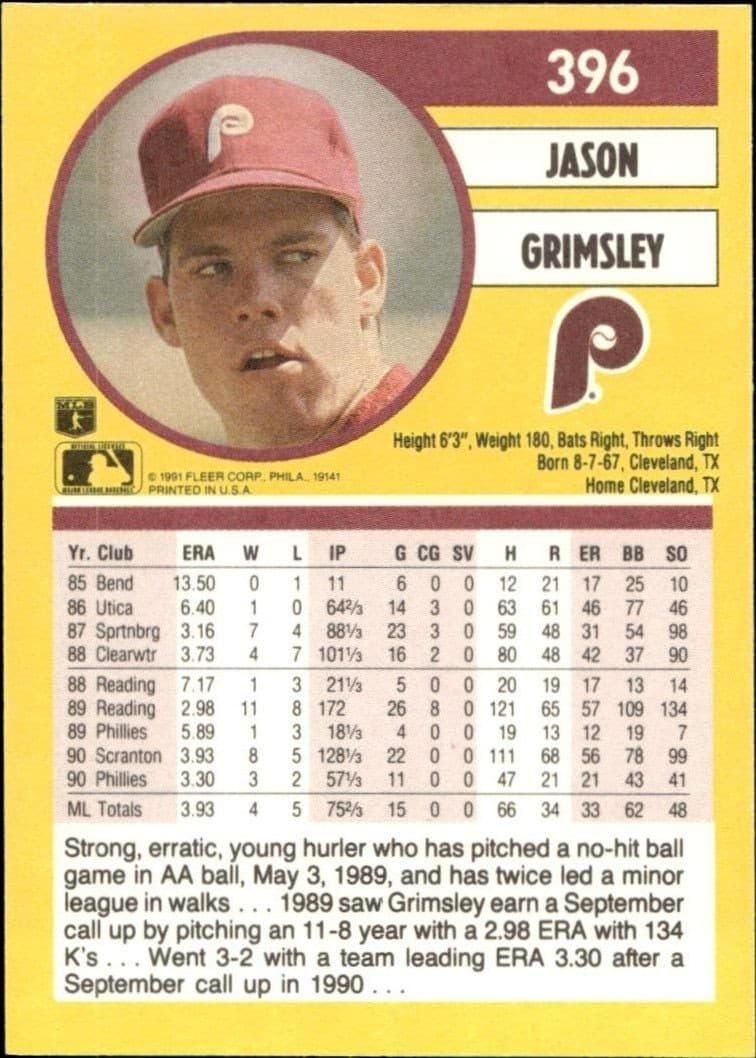 1991 Fleer Jason Grimsley #396 baseball trading card back