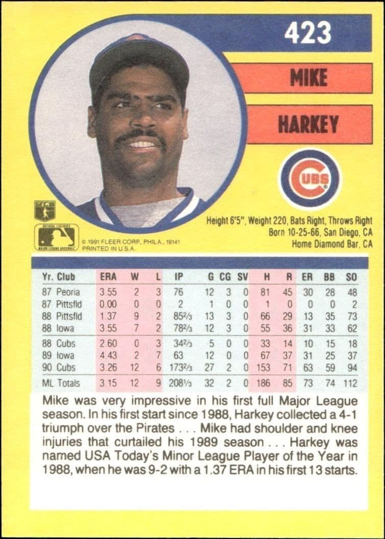 1991 Fleer Mike Harkey #423 baseball trading card back