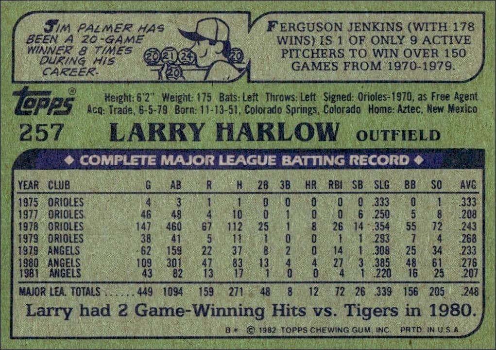1982 Topps Larry Harlow #257 baseball trading card back