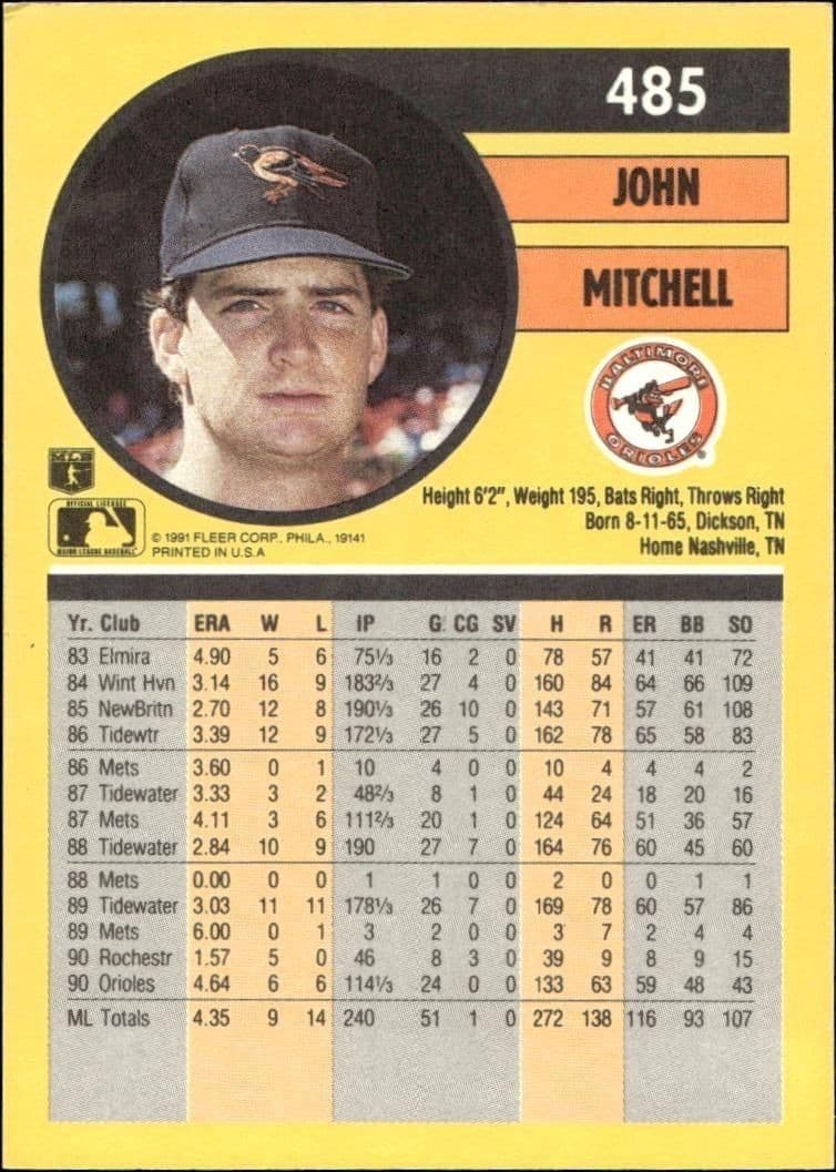 1991 Fleer John Mitchell #485 baseball trading card back