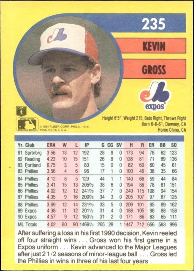 1991 Fleer Kevin Gross #235 baseball trading card back