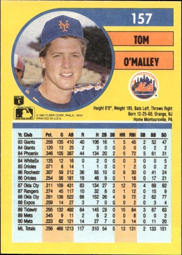 1991 Fleer Tom O'Malley #157 baseball trading card back