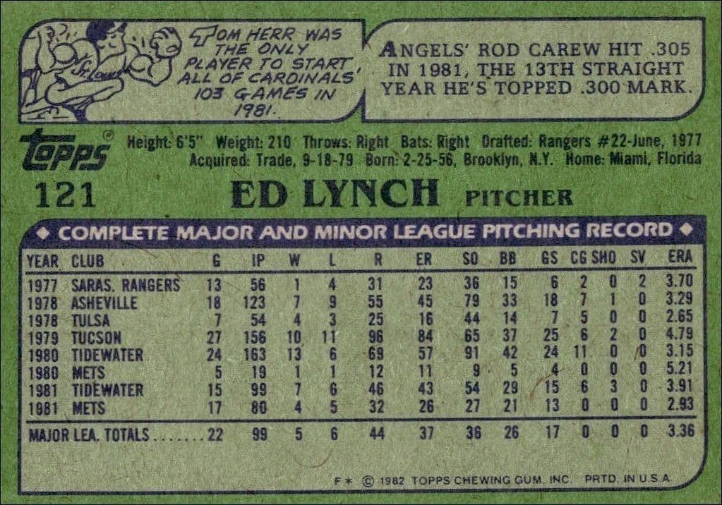 1982 Topps Ed Lynch #121 baseball trading card back