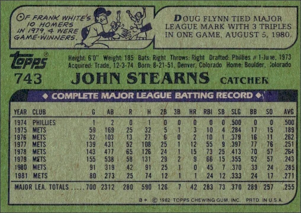 1982 Topps John Stearns #743 baseball trading card back