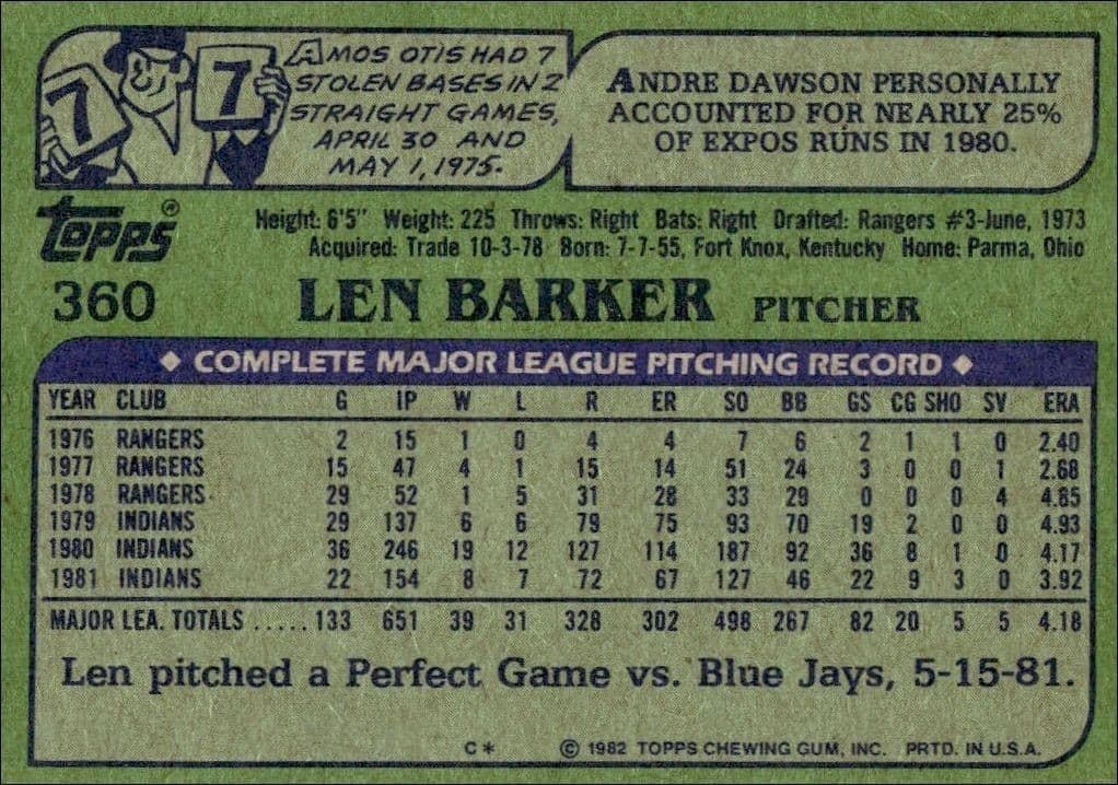 1982 Topps Len Barker #360 baseball trading card back