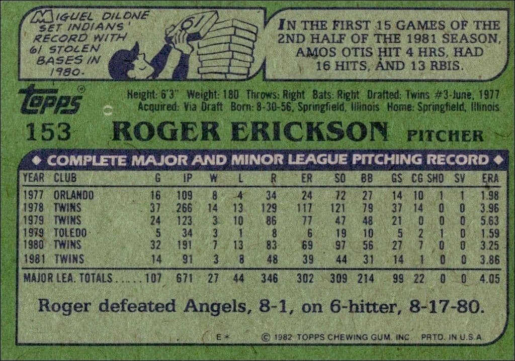 1982 Topps Roger Erickson #153 baseball trading card back