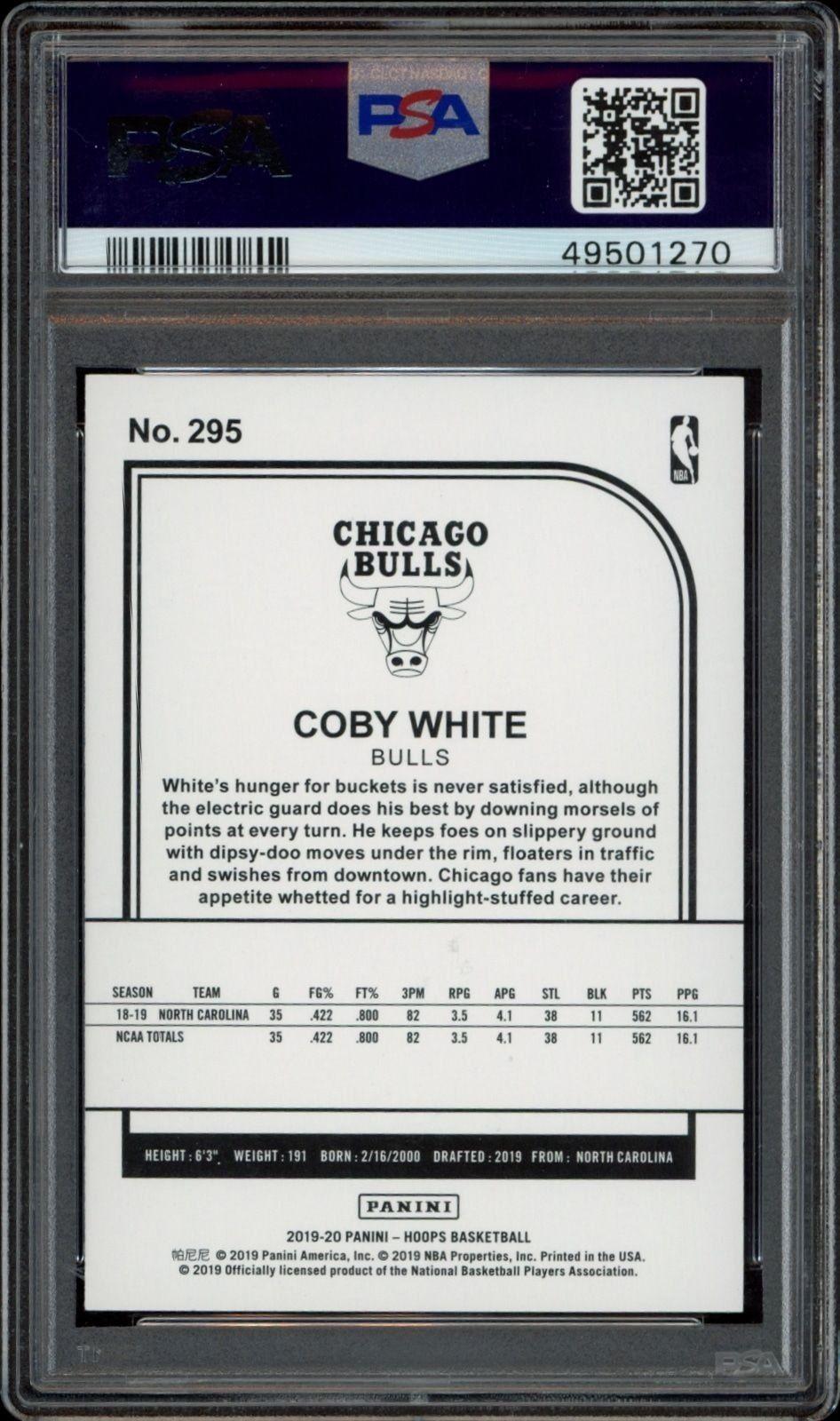 2019-20 Panini Hoops Coby White #295 basketball trading card back