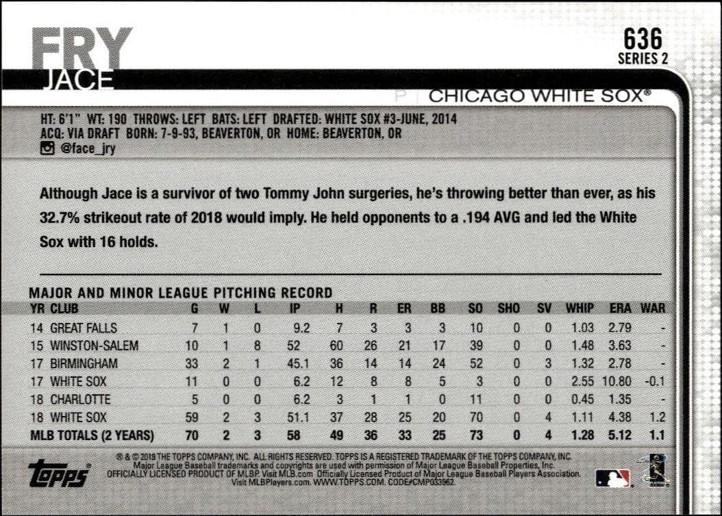 2019 Topps Series 2 Jace Fry #636 baseball trading card back