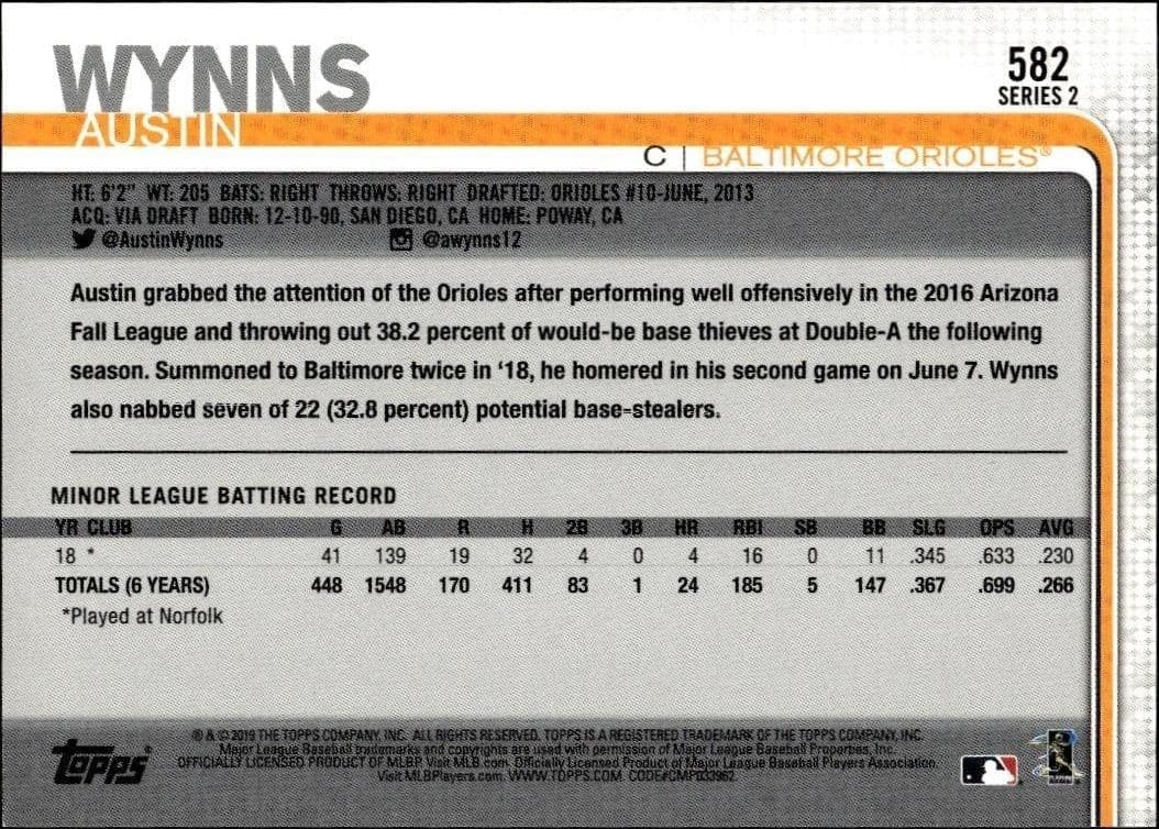 2019 Topps Series 2 Austin Wynns #582 baseball trading card back