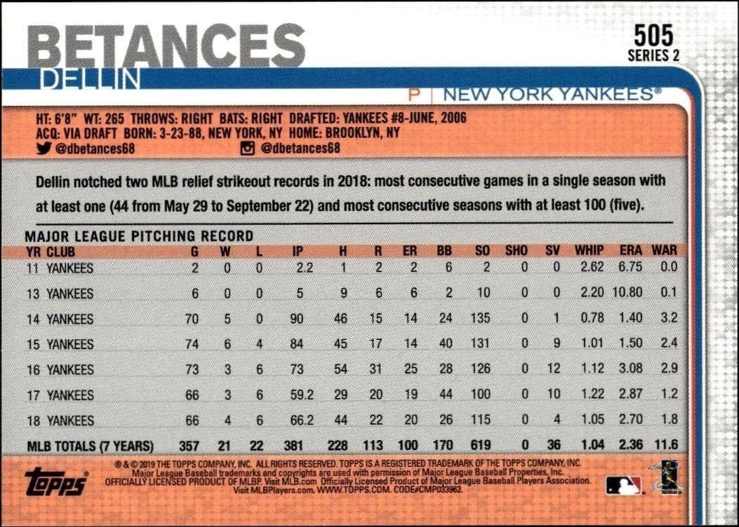 2019 Topps Series 2 Dellin Betances #505 baseball trading card back