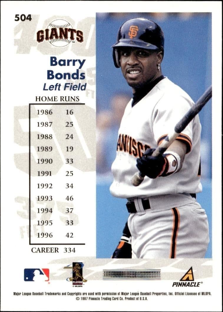 1997 Pinnacle Score Barry Bonds #504 baseball trading card back