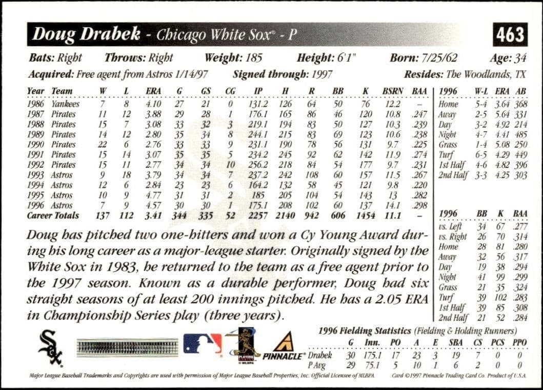 1997 Pinnacle Score Doug Drabek #463 baseball trading card back