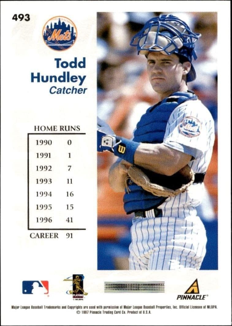 1997 Pinnacle Score Todd Hundley #493 baseball trading card back