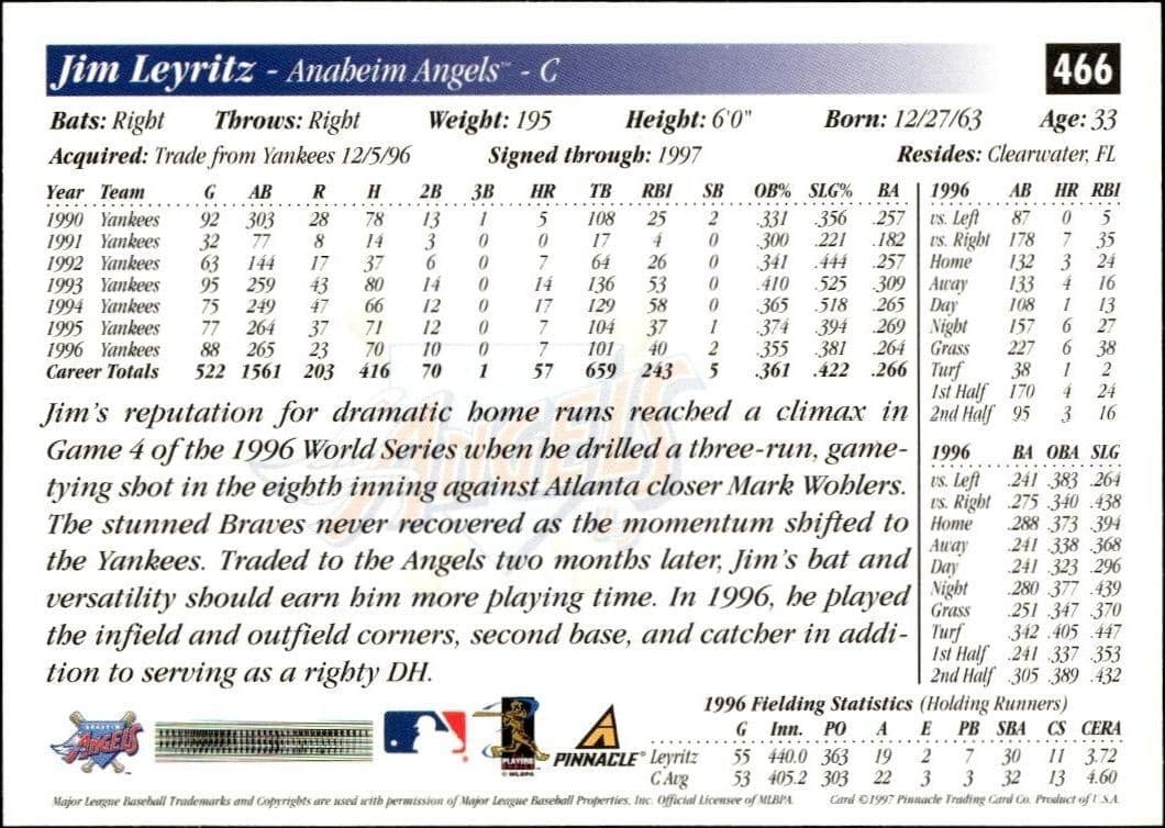 1997 Pinnacle Score Jim Leyritz #466 baseball trading card back