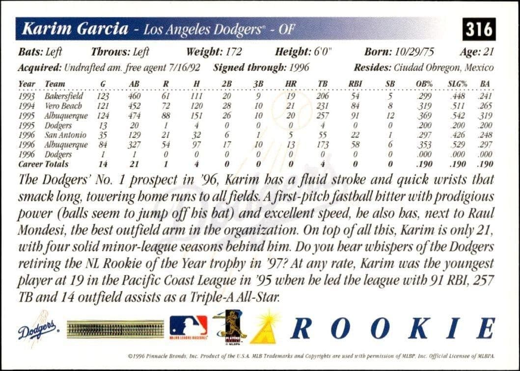 1997 Pinnacle Score Karim Garcia #316 baseball trading card back