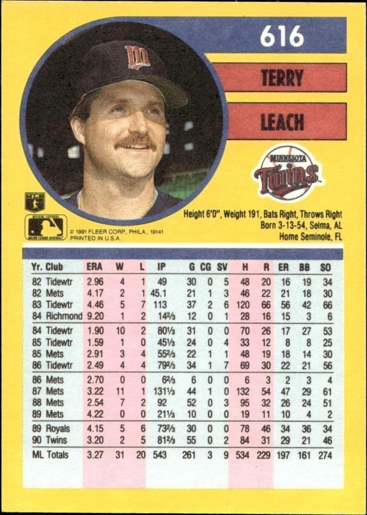 1991 Fleer Terry Leach #616 baseball trading card back