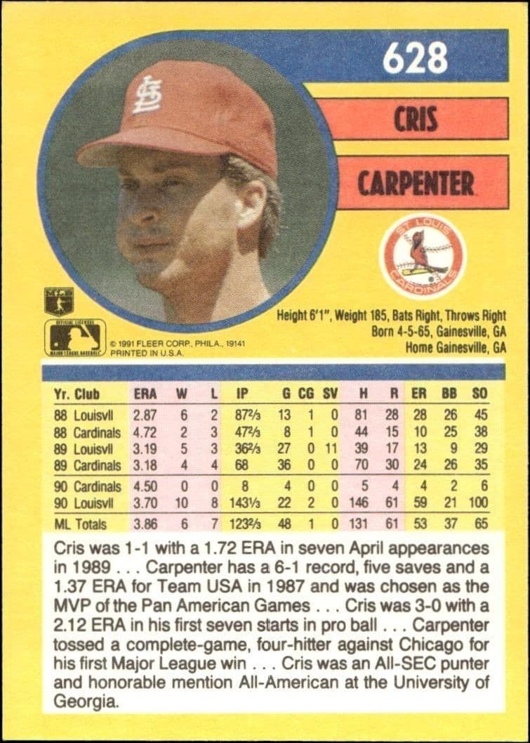 1991 Fleer Cris Carpenter #628 baseball trading card back
