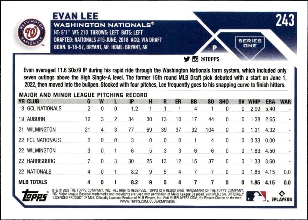 2023 Topps Evan Lee #243 baseball trading card back