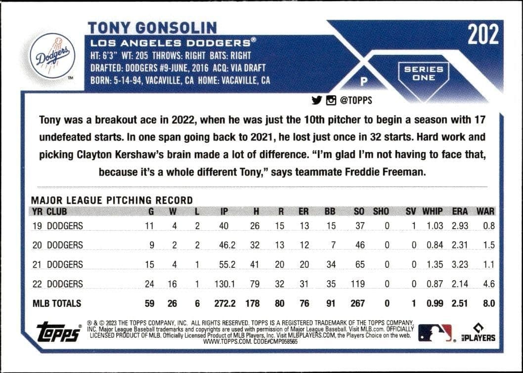 2023 Topps Tony Gonsolin #202 baseball trading card back