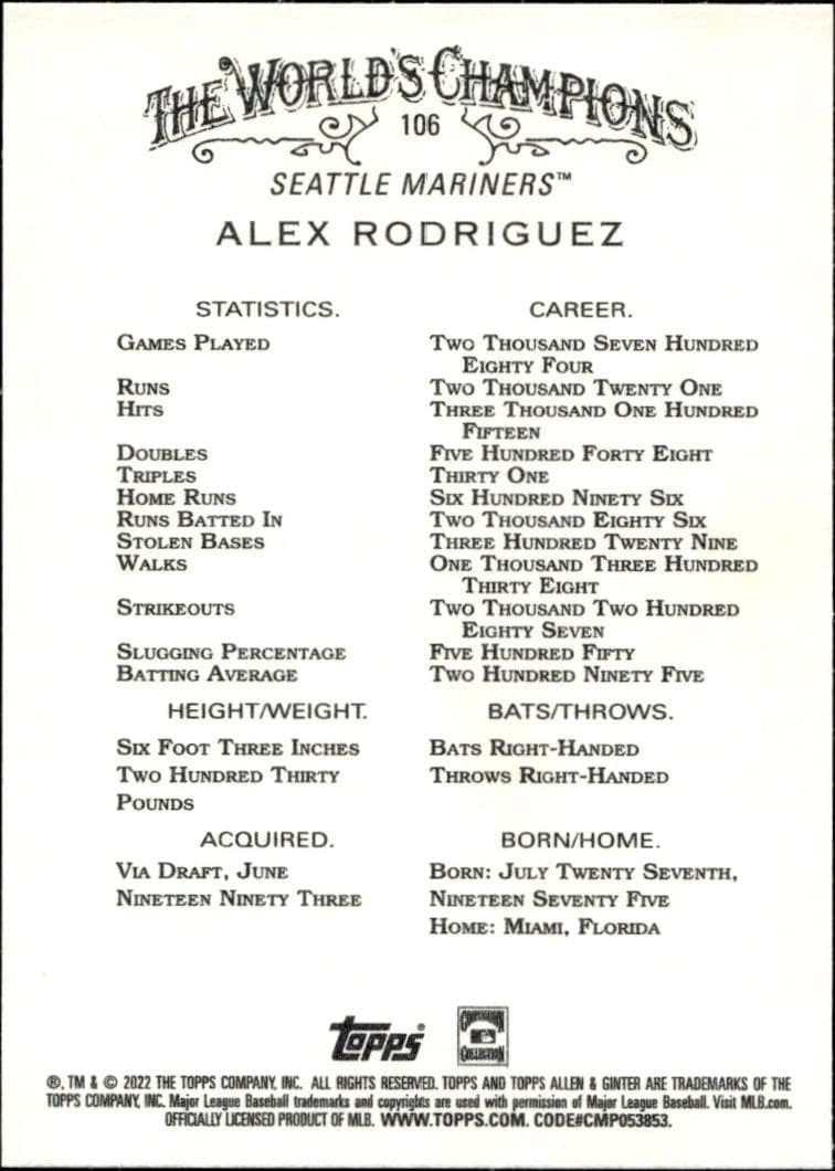 2022 Topps Allen & Ginter Alex Rodriguez #106 baseball trading card back