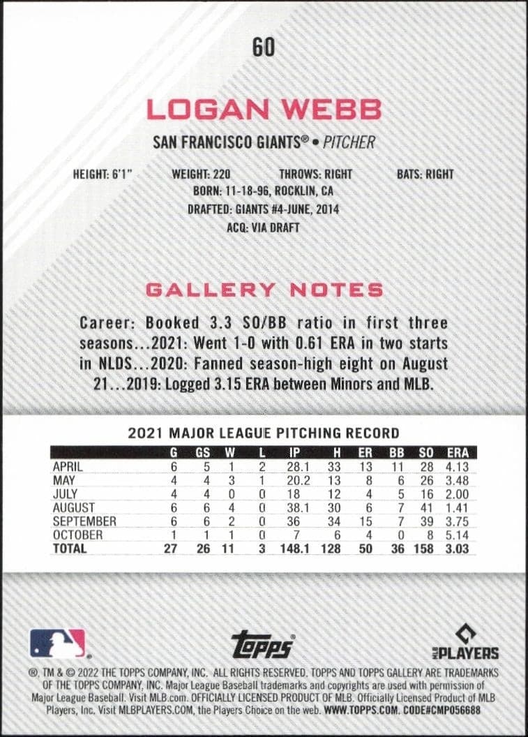 2022 Topps Gallery Logan Webb #60 baseball trading card back