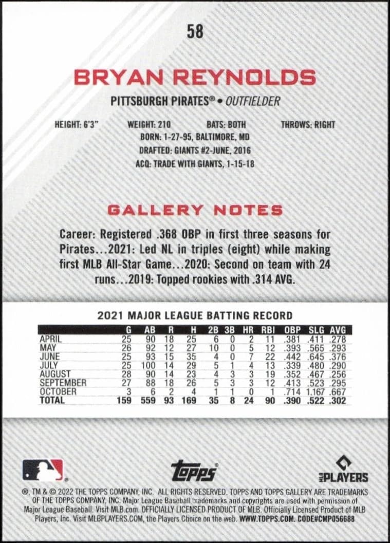 2022 Topps Gallery Bryan Reynolds #58 baseball trading card back