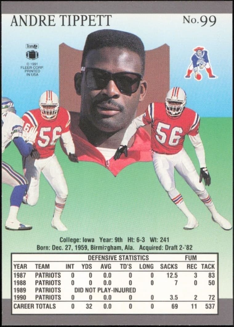 1991 Fleer Ultra Andre Tippett #99 football trading card back