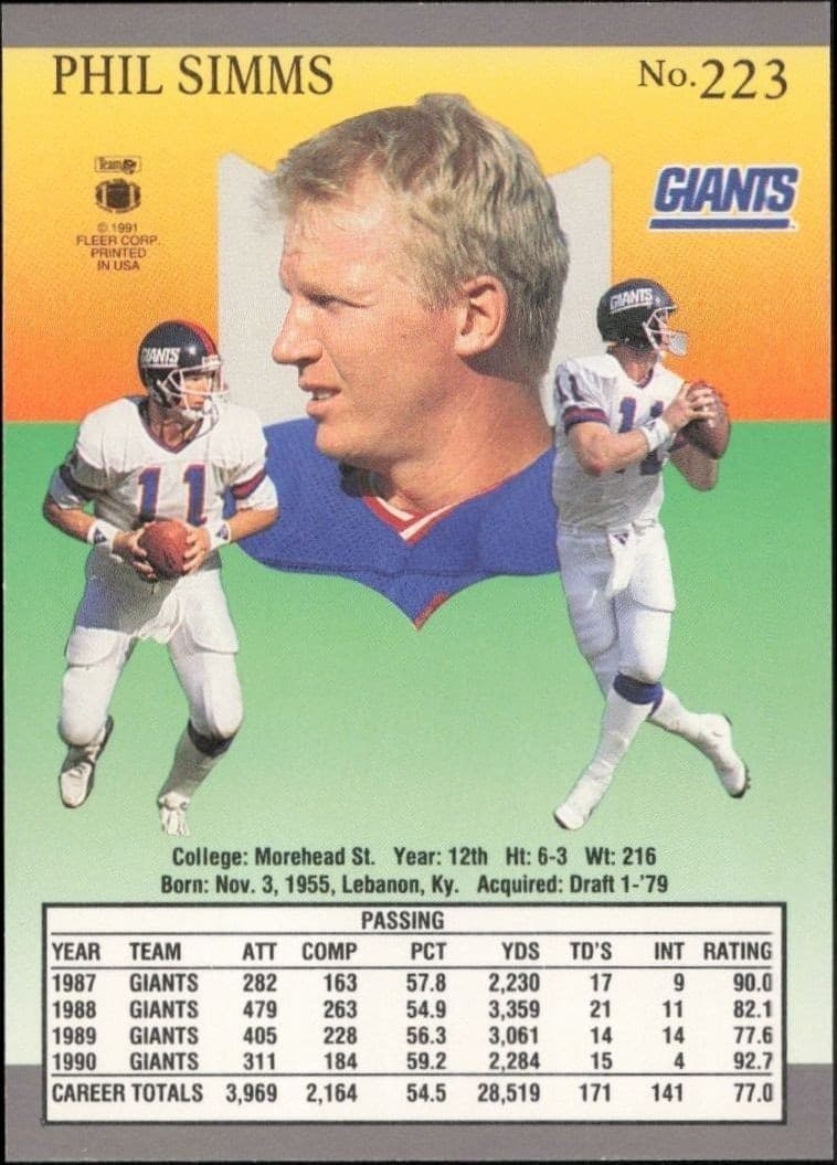 1991 Fleer Ultra Phil Simms #223 football trading card back