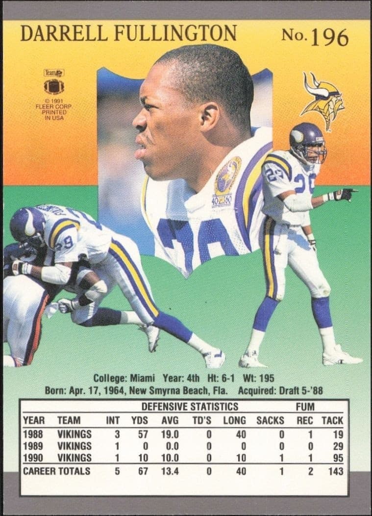 1991 Fleer Ultra Darrell Fullington #196 football trading card back