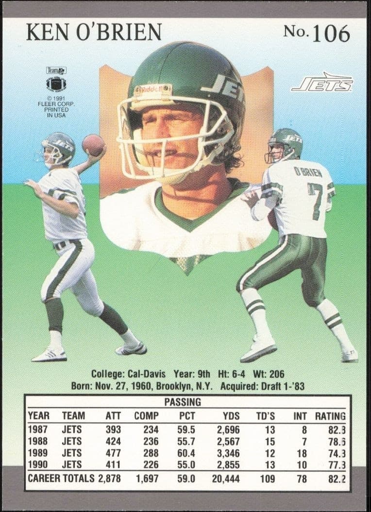 1991 Fleer Ultra Ken O'Brien #106 football trading card back