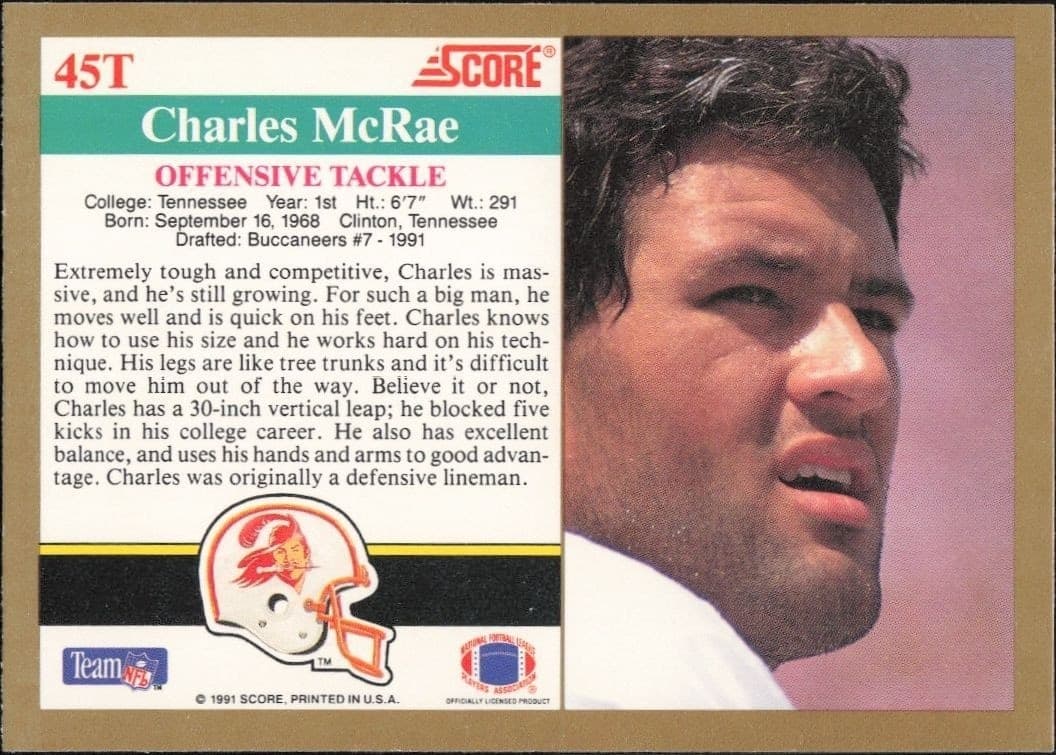 1991 Score Supplemental Charles McRae #45T football trading card back