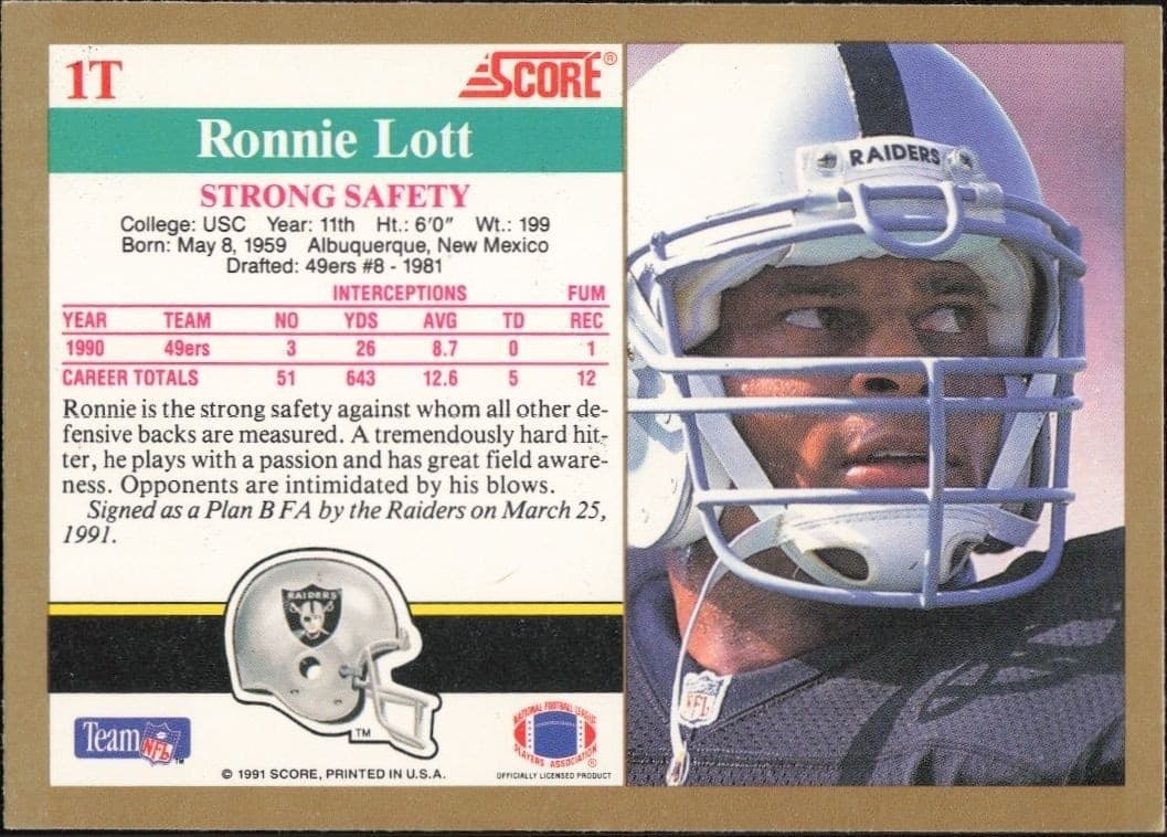 1991 Score Supplemental Ronnie Lott #1T football trading card back