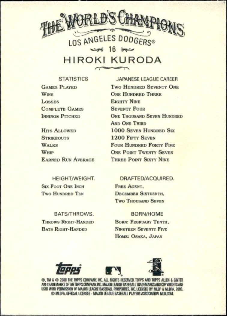 2008 Topps Allen & Ginter Hiroki Kuroda #16 baseball trading card back