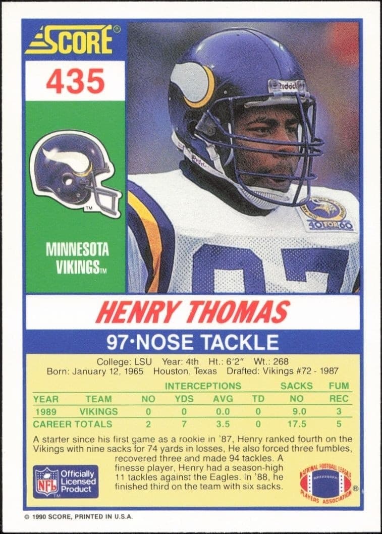 1990 Score Henry Thomas #435 football trading card back