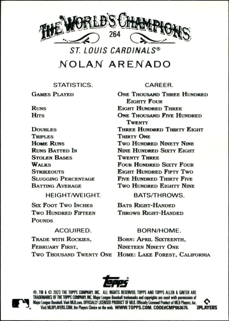 2023 Topps Allen & Ginter Nolan Arenado #264 baseball trading card back