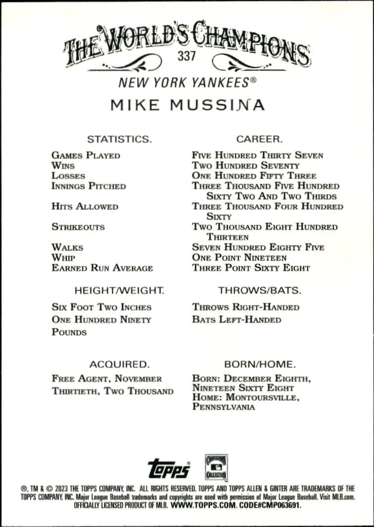 2023 Topps Allen & Ginter Mike Mussina #337 baseball trading card back