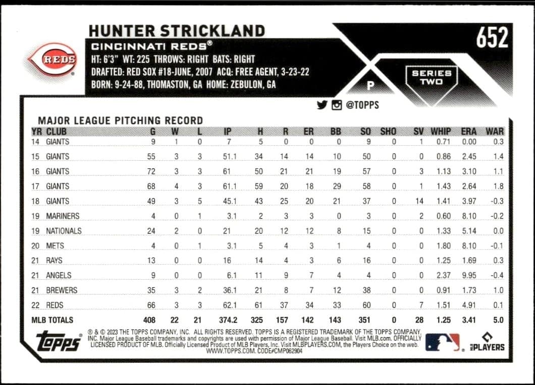 2023 Topps Series 2 Hunter Strickland #652 baseball trading card back