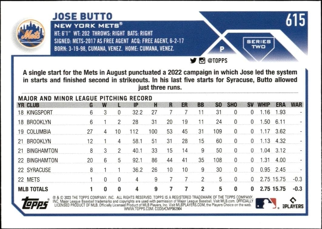 2023 Topps Series 2 Jose Butto #615 baseball trading card back