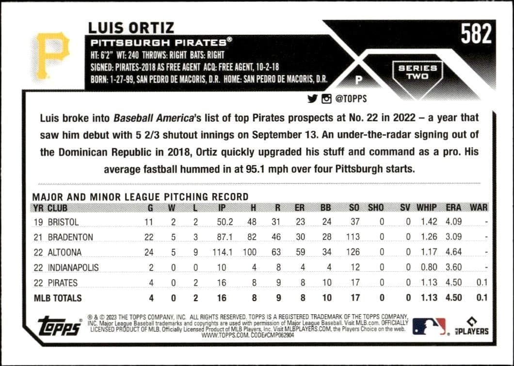 2023 Topps Series 2 Luis Ortiz #582 baseball trading card back