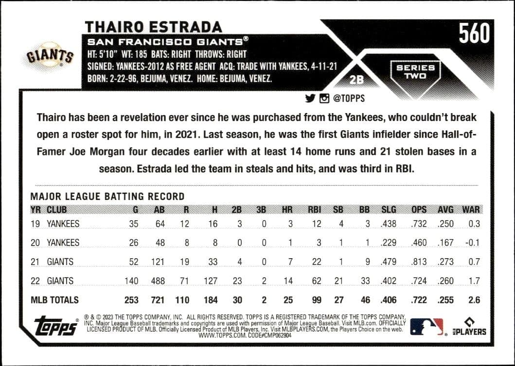 2023 Topps Series 2 Thairo Estrada #560 baseball trading card back